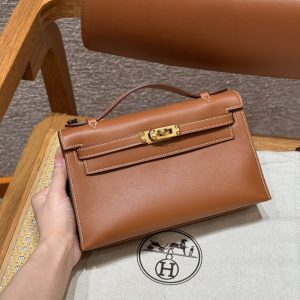 Replica Hermes Kelly Pochette Swift Brown - best quality luxury bag dupe