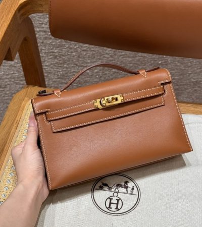 Replica Hermes Kelly Pochette Swift Brown - best quality luxury bag dupe