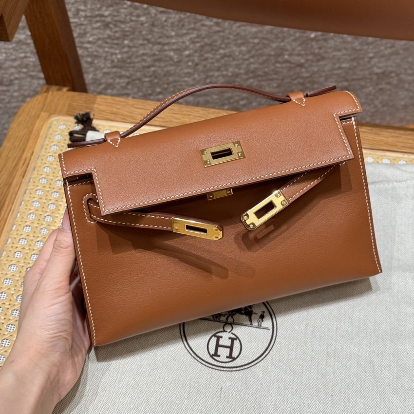 Replica Hermes Kelly Pochette Swift Brown - high-end fake designer purse